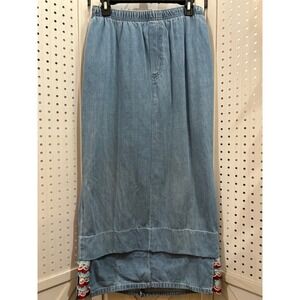 White Stag Light Blue Denim Maxi Skirt with Crochet Hem Accents